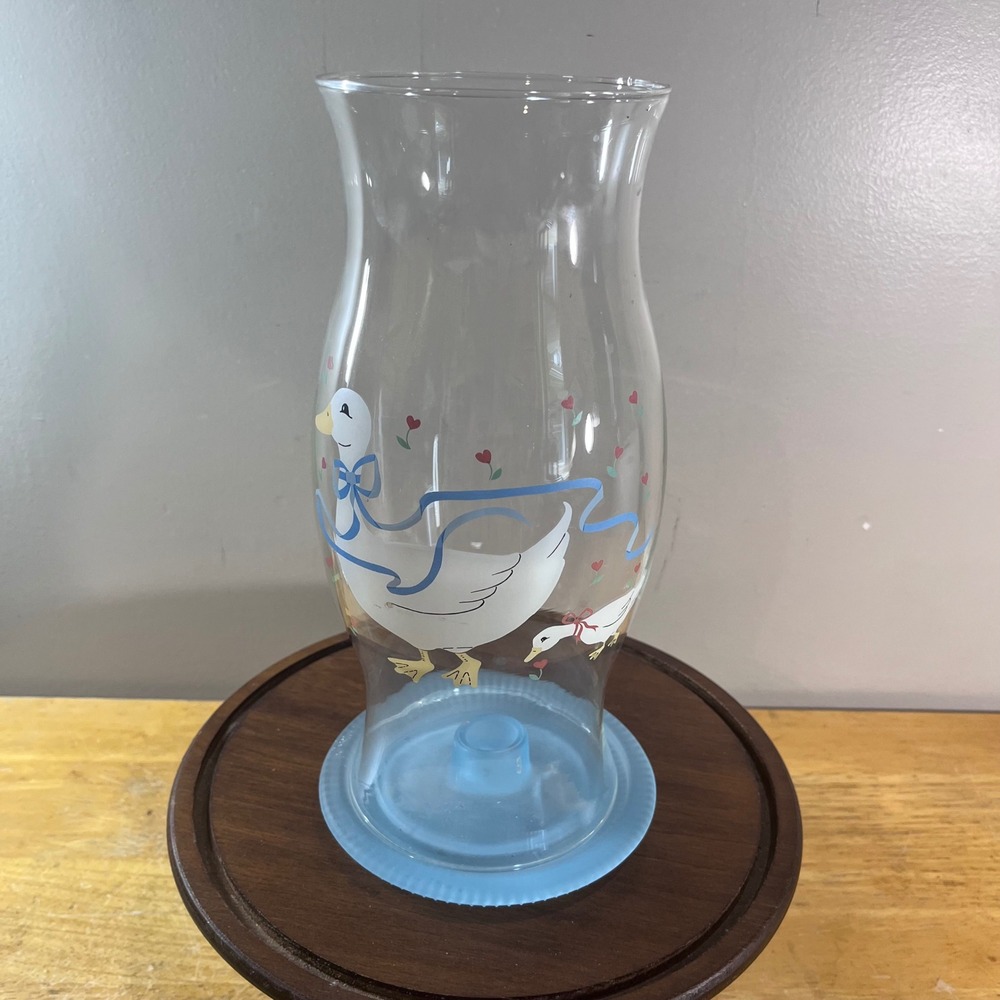 Vtg Smith Glass Hurricane Candle Holder Blue Goose Heart Country Farmhouse 2pc